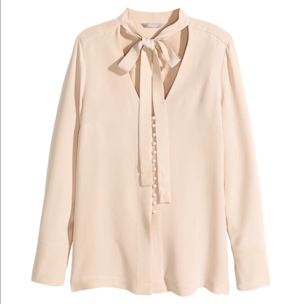Blush pink silk blouse button tie neck